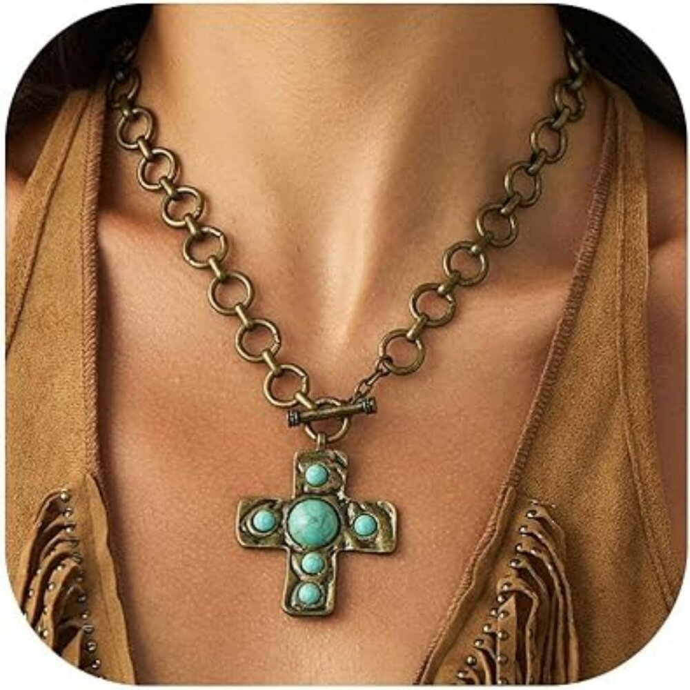 Cross Necklace Turquoise Gold Statement Chunky Boho Western Jewelry